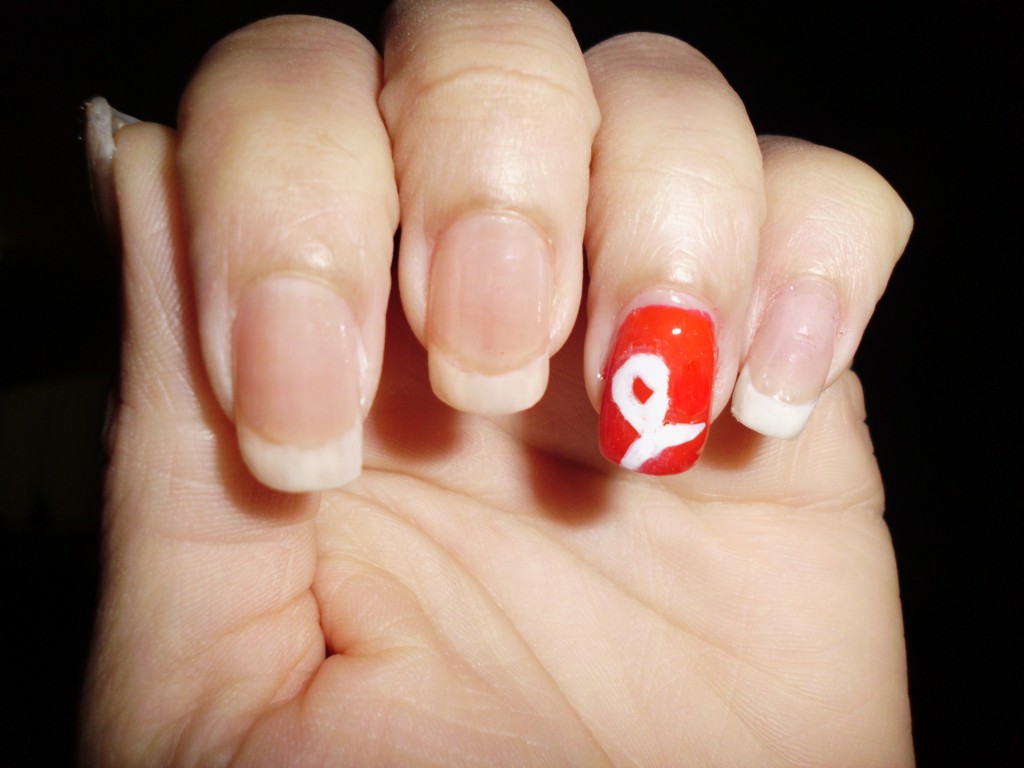 A red and white manicure in honor of my mother for lung cancer awareness